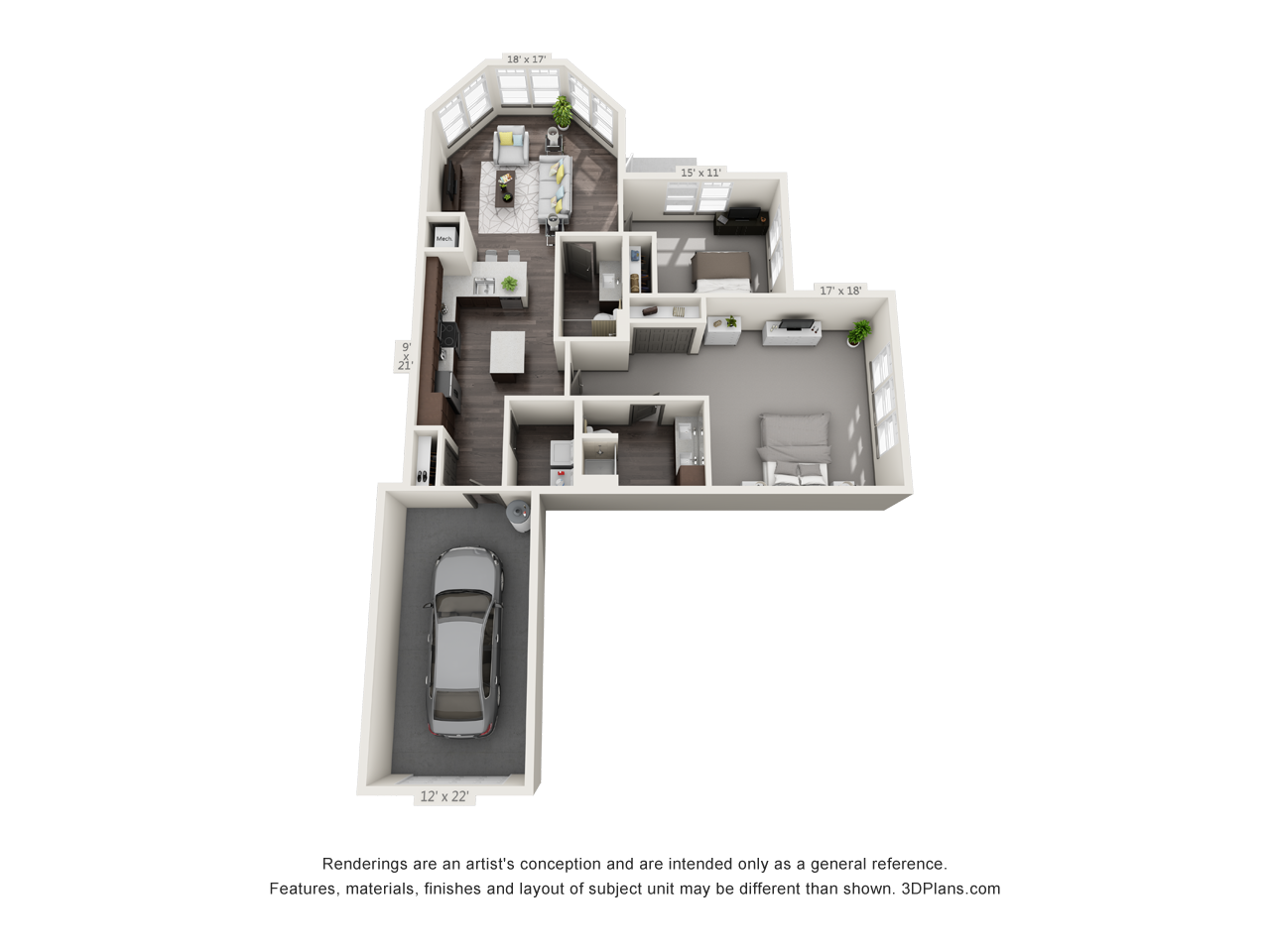 Floor plan for 2 beds, 2 baths, 1281 sqft
